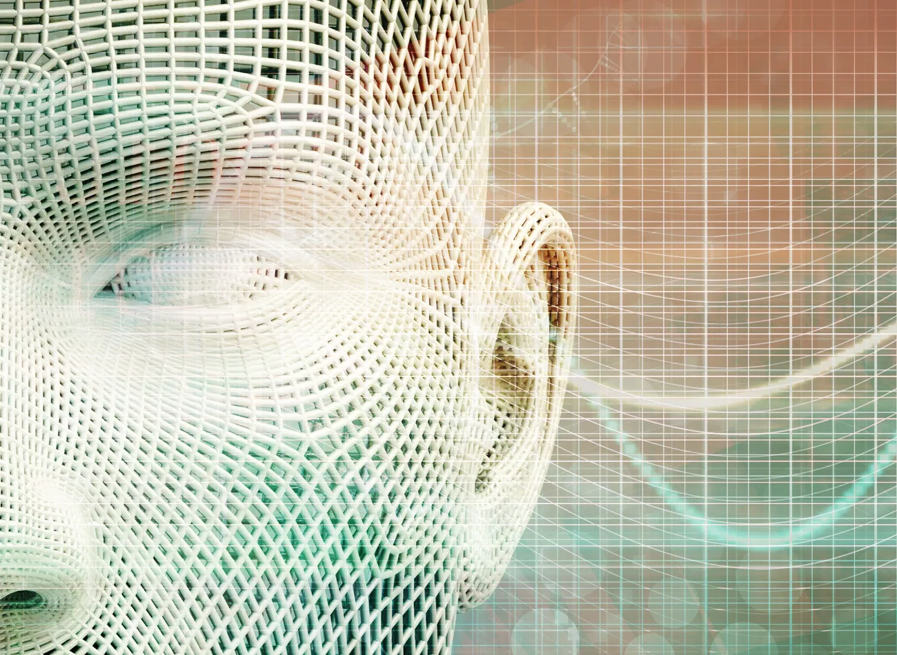 A wireframe digital face with sound-wave graphics