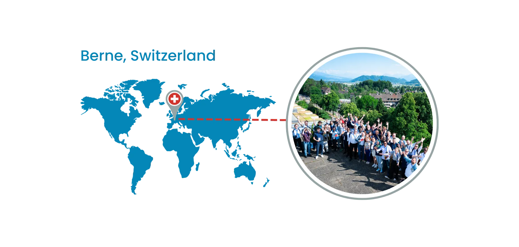 Berne, Switzerland, pinned on a world map, next to a photo of the hackathon participants on a rooftop in Berne