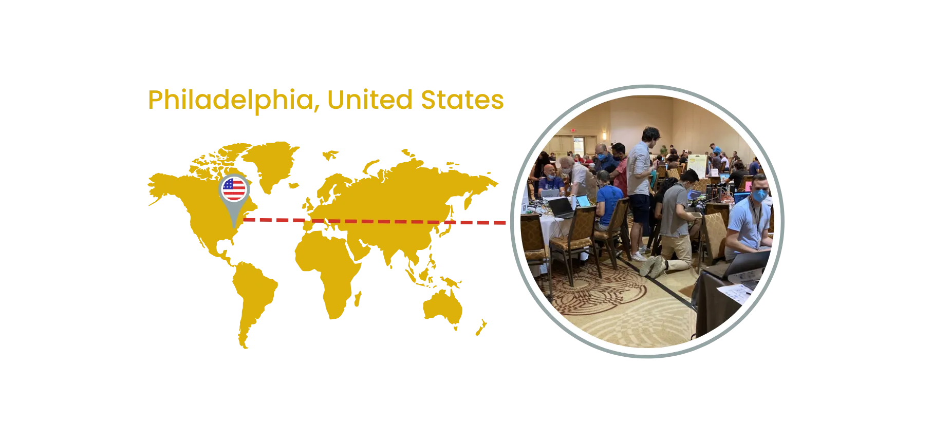 Philadelphia, United States, pinned on a world map, next to a photo of participants at work in the IETF 114 Hackathon room